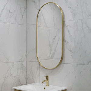 Pill Oval 500mm x 1000mm Backlit LED Framed Mirror with Demister, Brushed Brass (Gold) Frame