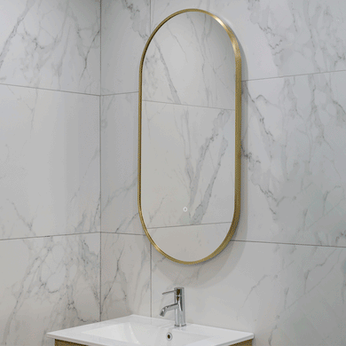 Pill Oval 500mm x 1000mm Backlit LED Framed Mirror with Demister, Brushed Brass (Gold) Frame