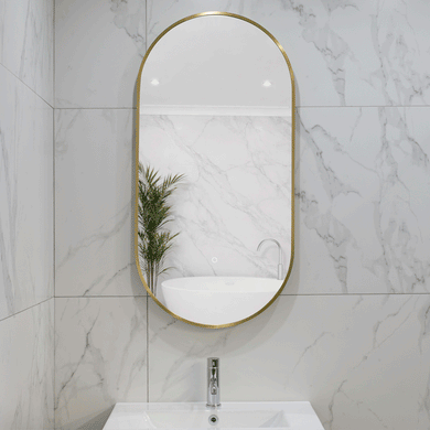 Pill Oval 500mm x 1000mm Backlit LED Framed Mirror with Demister, Brushed Brass (Gold) Frame
