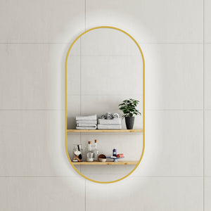 Pill Oval 500mm x 1000mm Backlit LED Framed Mirror with Demister, Brushed Brass (Gold) Frame