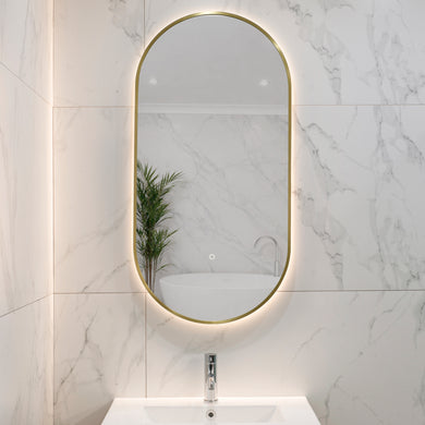 Pill Oval 500mm x 1000mm Backlit LED Framed Mirror with Demister, Brushed Brass (Gold) Frame