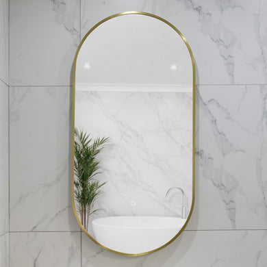 Pill Oval 500mm x 1000mm Backlit LED Framed Mirror with Demister, Brushed Brass (Gold) Frame