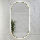 Pill Oval 500mm x 1000mm Backlit LED Framed Mirror with Demister, Brushed Brass (Gold) Frame