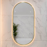 Pill Oval 500mm x 1000mm Backlit LED Framed Mirror with Demister, Brushed Brass (Gold) Frame