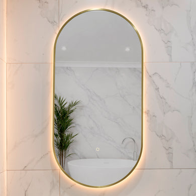 Pill Oval 500mm x 1000mm Backlit LED Framed Mirror with Demister, Brushed Brass (Gold) Frame