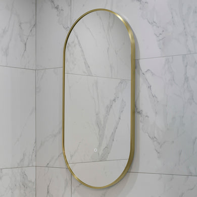 Pill Oval 500mm x 1000mm Backlit LED Framed Mirror with Demister, Brushed Brass (Gold) Frame