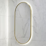 Pill Oval 500mm x 1000mm Backlit LED Framed Mirror with Demister, Brushed Brass (Gold) Frame