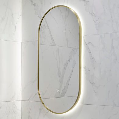 Pill Oval 500mm x 1000mm Backlit LED Framed Mirror with Demister, Brushed Brass (Gold) Frame