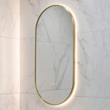 Pill Oval 500mm x 1000mm Backlit LED Framed Mirror with Demister, Brushed Brass (Gold) Frame