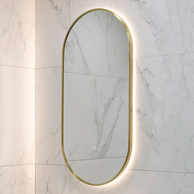 Pill Oval 500mm x 1000mm Backlit LED Framed Mirror with Demister, Brushed Brass (Gold) Frame