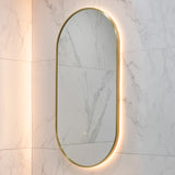 Pill Oval 500mm x 1000mm Backlit LED Framed Mirror with Demister, Brushed Brass (Gold) Frame