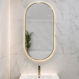 Pill Oval 500mm x 1000mm Backlit LED Framed Mirror with Demister, Brushed Brass (Gold) Frame