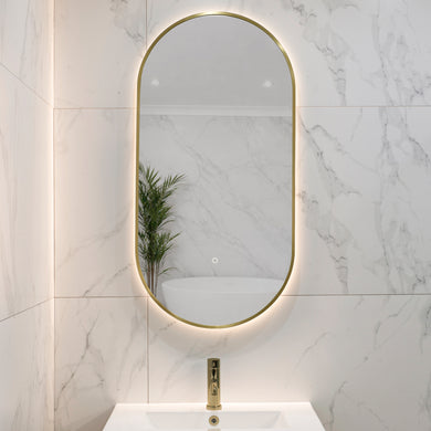 Pill Oval 500mm x 1000mm Backlit LED Framed Mirror with Demister, Brushed Brass (Gold) Frame