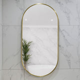 Pill Oval 500mm x 1000mm Backlit LED Framed Mirror with Demister, Brushed Brass (Gold) Frame