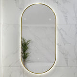Pill Oval 500mm x 1000mm Backlit LED Framed Mirror with Demister, Brushed Brass (Gold) Frame