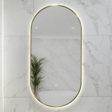 Pill Oval 500mm x 1000mm Backlit LED Framed Mirror with Demister, Brushed Brass (Gold) Frame