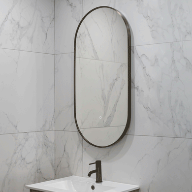Pill Oval 500mm x 1000mm Backlit LED Framed Mirror with Demister, Brushed Gunmetal Frame