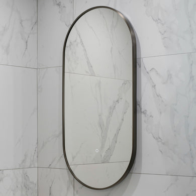 Pill Oval 500mm x 1000mm Backlit LED Framed Mirror with Demister, Brushed Gunmetal Frame