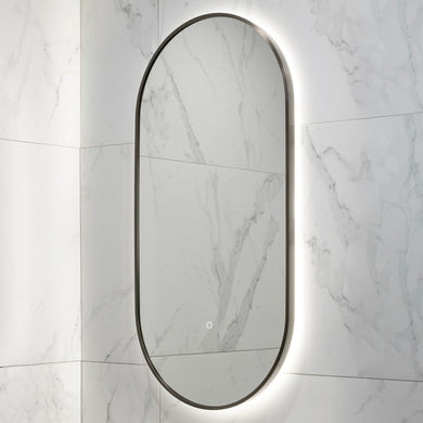Pill Oval 500mm x 1000mm Backlit LED Framed Mirror with Demister, Brushed Gunmetal Frame