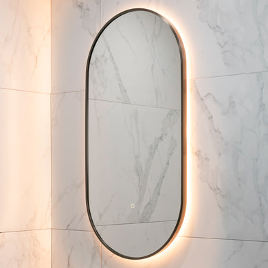 Pill Oval 500mm x 1000mm Backlit LED Framed Mirror with Demister, Brushed Gunmetal Frame