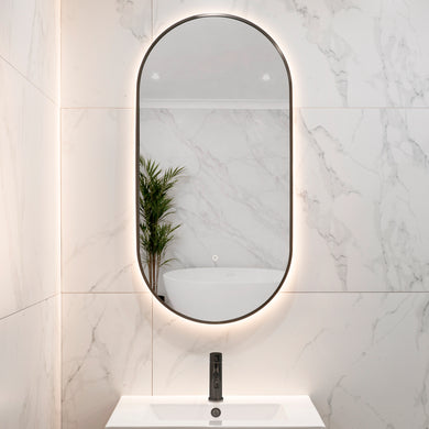 Pill Oval 500mm x 1000mm Backlit LED Framed Mirror with Demister, Brushed Gunmetal Frame