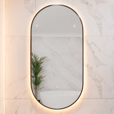 Pill Oval 500mm x 1000mm Backlit LED Framed Mirror with Demister, Brushed Gunmetal Frame
