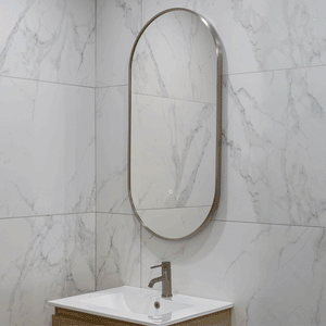 Pill Oval 500mm x 1000mm Backlit LED Framed Mirror with Demister, Brushed Nickel Frame