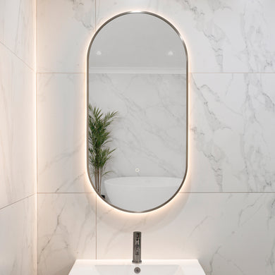 Pill Oval 500mm x 1000mm Backlit LED Framed Mirror with Demister, Brushed Nickel Frame