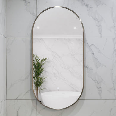 Pill Oval 500mm x 1000mm Backlit LED Framed Mirror with Demister, Brushed Nickel Frame