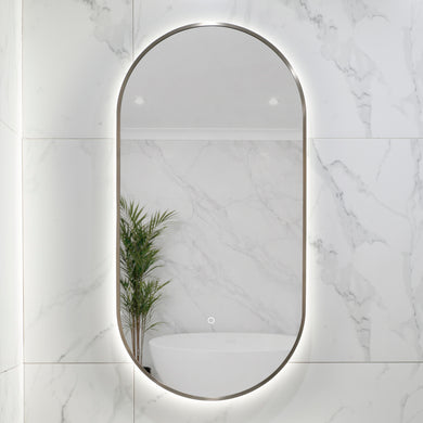 Pill Oval 500mm x 1000mm Backlit LED Framed Mirror with Demister, Brushed Nickel Frame