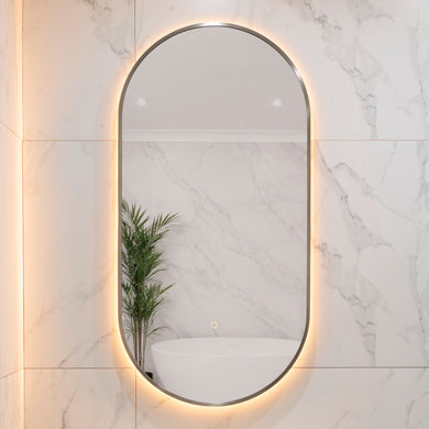 Pill Oval 500mm x 1000mm Backlit LED Framed Mirror with Demister, Brushed Nickel Frame