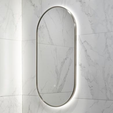 Pill Oval 500mm x 1000mm Backlit LED Framed Mirror with Demister, Brushed Nickel Frame