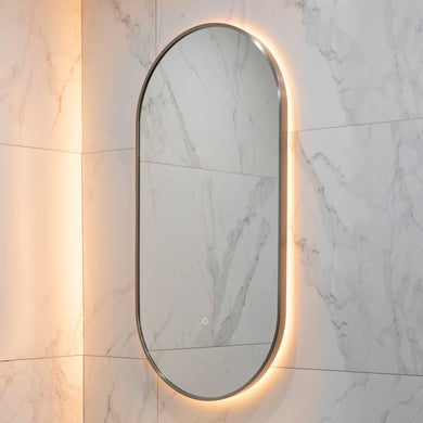 Pill Oval 500mm x 1000mm Backlit LED Framed Mirror with Demister, Brushed Nickel Frame