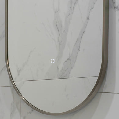 Pill Oval 500mm x 1000mm Backlit LED Framed Mirror with Demister, Brushed Nickel Frame