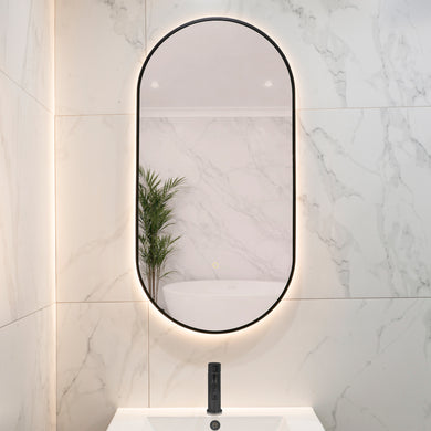 Pill Oval 500mm x 1000mm Backlit LED Framed Mirror with Demister, Matte Black Frame