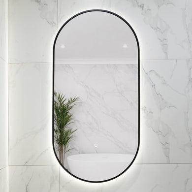 Pill Oval 500mm x 1000mm Backlit LED Framed Mirror with Demister, Matte Black Frame