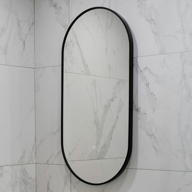 Pill Oval 500mm x 1000mm Backlit LED Framed Mirror with Demister, Matte Black Frame