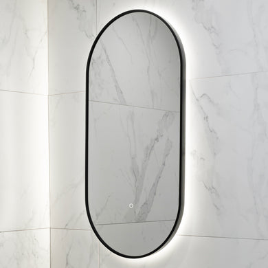 Pill Oval 500mm x 1000mm Backlit LED Framed Mirror with Demister, Matte Black Frame