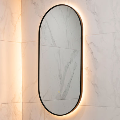 Pill Oval 500mm x 1000mm Backlit LED Framed Mirror with Demister, Matte Black Frame
