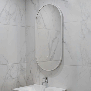 Pill Oval 500mm x 1000mm Backlit LED Framed Mirror with Demister, Matte White Frame