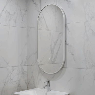 Pill Oval 500mm x 1000mm Backlit LED Framed Mirror with Demister, Matte White Frame