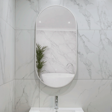 Pill Oval 500mm x 1000mm Backlit LED Framed Mirror with Demister, Matte White Frame