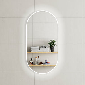 Pill Oval 500mm x 1000mm Backlit LED Framed Mirror with Demister, Matte White Frame