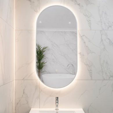 Pill Oval 500mm x 1000mm Backlit LED Framed Mirror with Demister, Matte White Frame