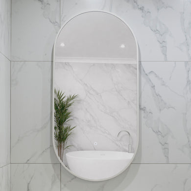 Pill Oval 500mm x 1000mm Backlit LED Framed Mirror with Demister, Matte White Frame