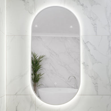 Pill Oval 500mm x 1000mm Backlit LED Framed Mirror with Demister, Matte White Frame