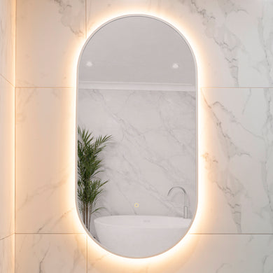 Pill Oval 500mm x 1000mm Backlit LED Framed Mirror with Demister, Matte White Frame