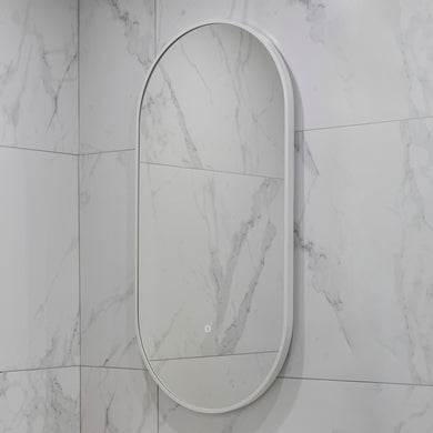 Pill Oval 500mm x 1000mm Backlit LED Framed Mirror with Demister, Matte White Frame