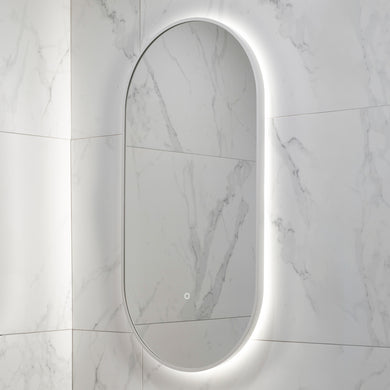 Pill Oval 500mm x 1000mm Backlit LED Framed Mirror with Demister, Matte White Frame
