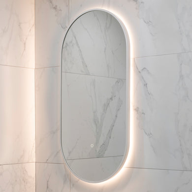 Pill Oval 500mm x 1000mm Backlit LED Framed Mirror with Demister, Matte White Frame
